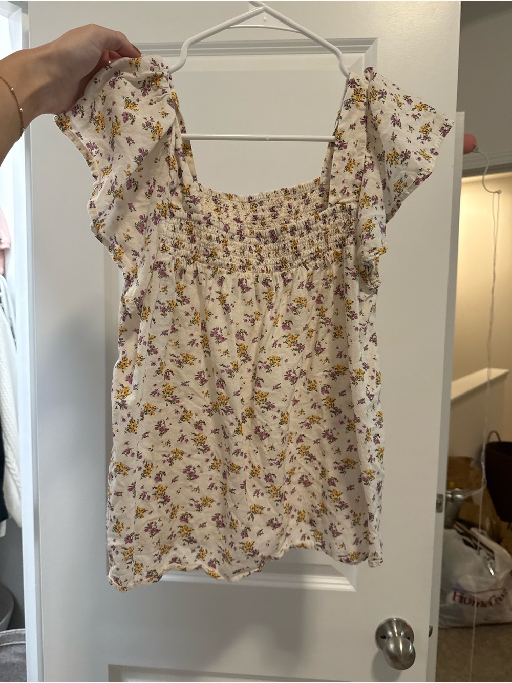 Lucky Brand Cream Floral Smocked Square-Neck Blouse